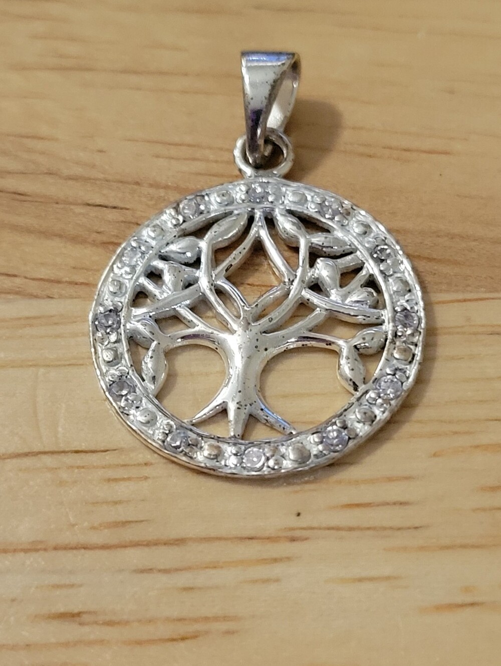 Vintage 925 Sterling Silver Cubic Zirconia Tree of Life Circle Pendant